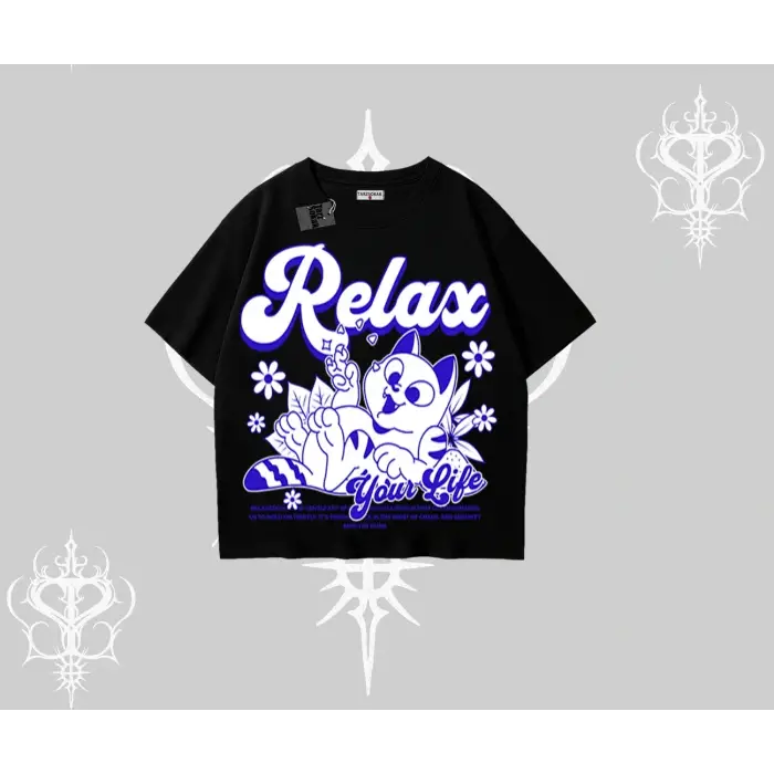 Relax Kedi Baskılı Oversize Tshirt - Çocuk
