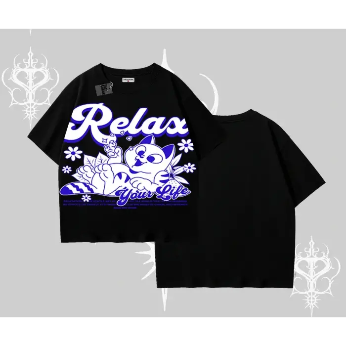 Relax Kedi Baskılı Oversize Tshirt - Çocuk