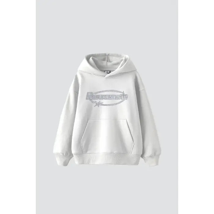 Reverse Taş Baskılı Oversize Unisex Beyaz