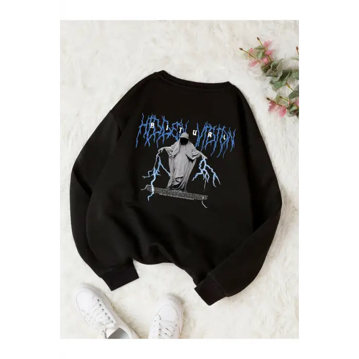 Ritual Mavi Renkli Oversize Bisiklet Yaka Pamuklu Sweatshirt Siyah