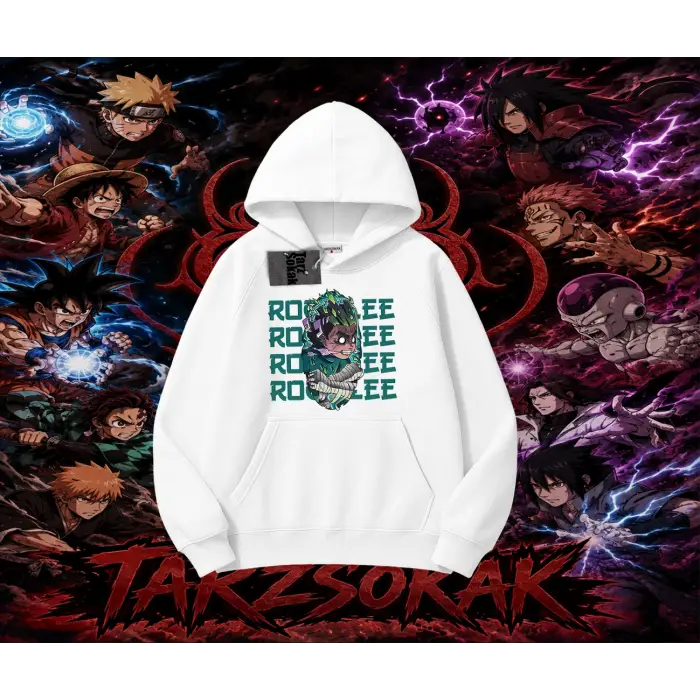 Rock Lee Naruto Anime Karakter Oversize Unisex Kapşonlu Sweatshirt Beyaz