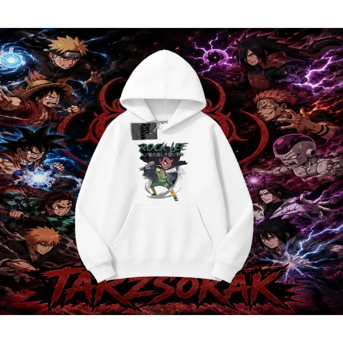 Rock Lee Naruto Anime Karakter Oversize Unisex Kapşonlu Sweatshirt Beyaz