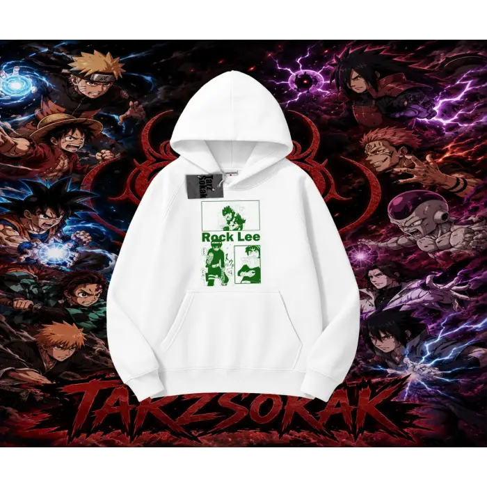 Rock Lee Naruto Anime Karakter Oversize Unisex Kapşonlu Sweatshirt Beyaz