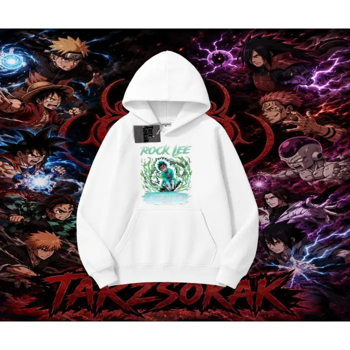Rock Lee Naruto Anime Karakter Oversize Unisex Kapşonlu Sweatshirt Beyaz