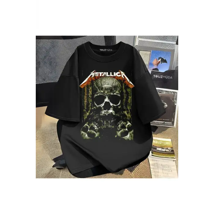 Rock Serisi Metallica Skull Baskılı Unisex Oversize