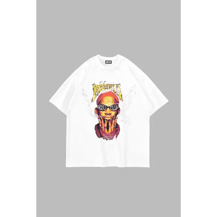 Rodzilla Baskılı Oversize Unisex Beyaz