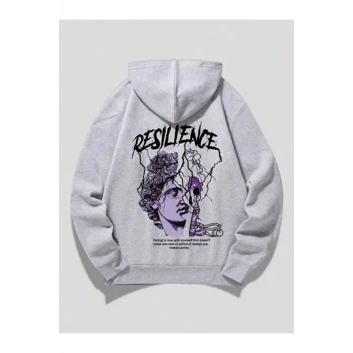 ROMWE Guys Figure & Slogan Graphic Drawstring Lined Hoodie Gri