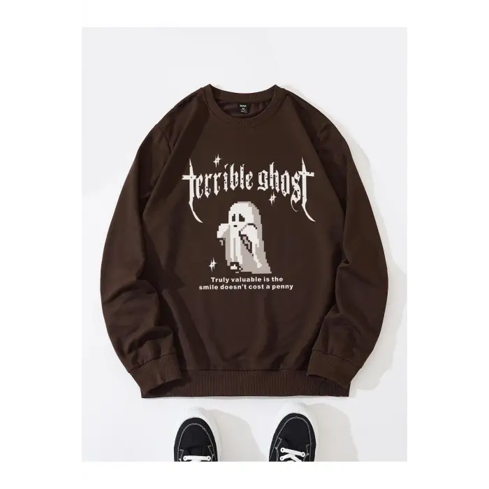 ROMWE Guys Ghost & Slogan Graphic Sweatshirt Kahverengi