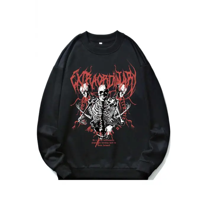 ROMWE Guys Letter Skull Graphic Sweatshirt Siyah