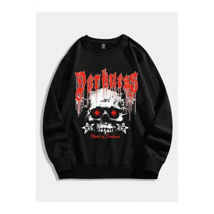 ROMWE Guys Letter & Skull Print Pullover Siyah