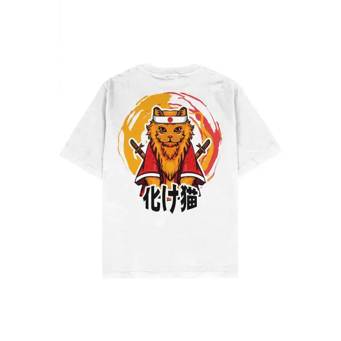 Samurai Cat Beyaz Oversize Unisex T-shirt