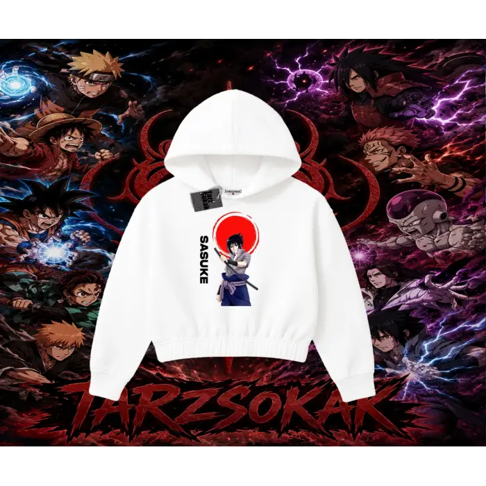 Sasuke uchiha Naruto Anime Karakter Kadın Crop Kapşonlu Sweatshirt Beyaz