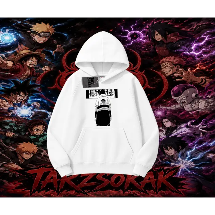 Sasuke uchiha Naruto Anime Karakter Oversize Unisex Kapşonlu Sweatshirt Beyaz