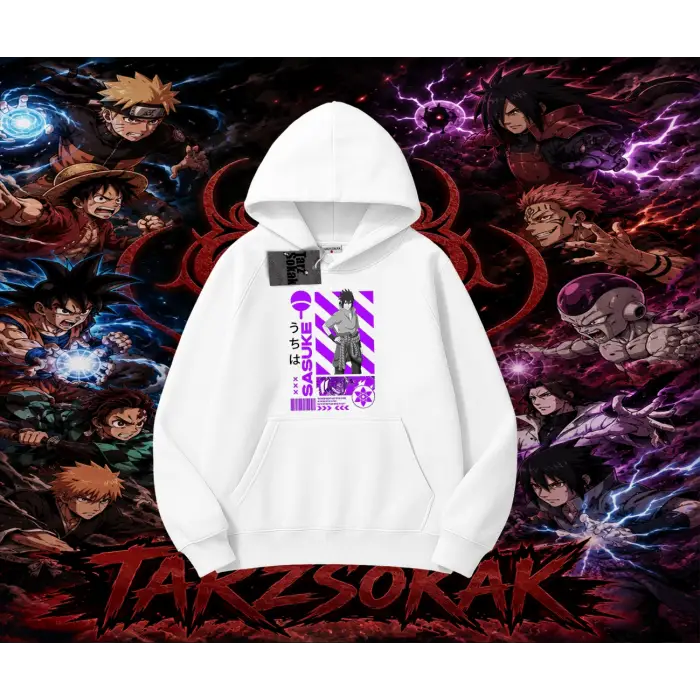 Sasuke uchiha Naruto Anime Karakter Oversize Unisex Kapşonlu Sweatshirt Beyaz