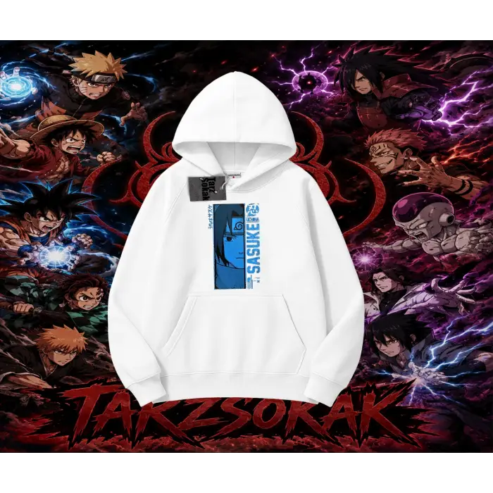 Sasuke uchiha Naruto Anime Karakter Oversize Unisex Kapşonlu Sweatshirt Beyaz