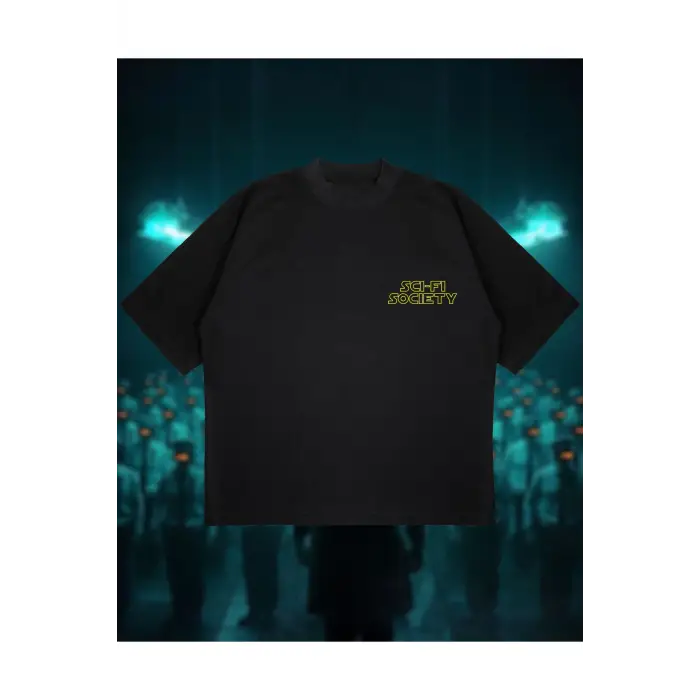 Sci-fi Society Baskılı Oversize Unisex Pamuklu Nefes Alan Kalın Kumaşlı