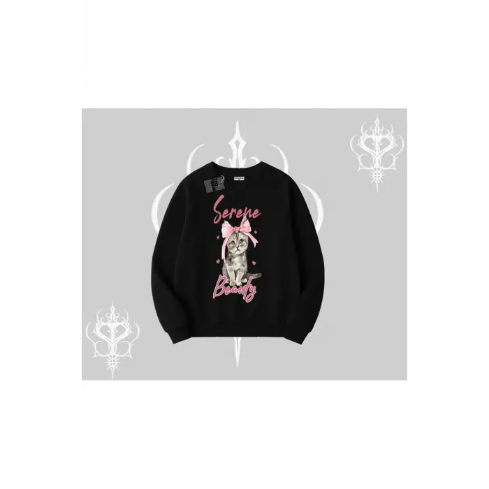 Serene Beauty Kedi Baskılı Biskilet Sweatshirt