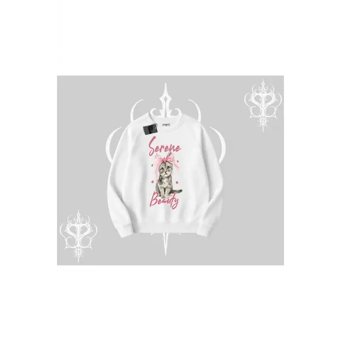 Serene Beauty Kedi Baskılı Biskilet Sweatshirt