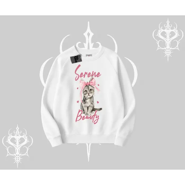 Serene Beauty Kedi Baskılı  Biskilet Sweatshirt