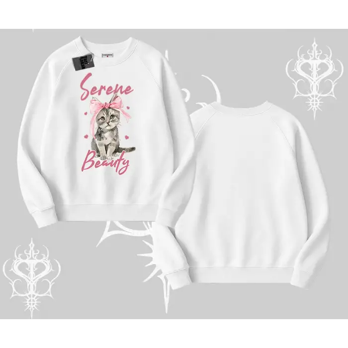 Serene Beauty Kedi Baskılı  Biskilet Sweatshirt
