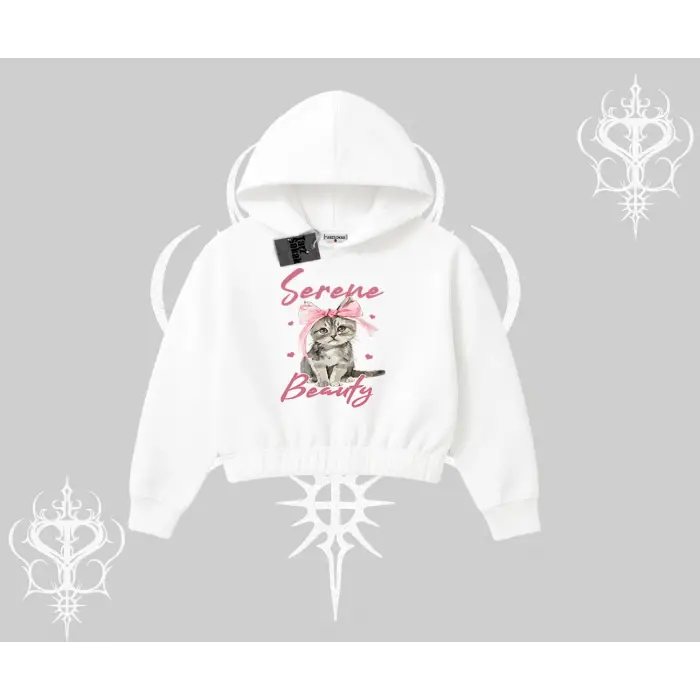 Serene Beauty Kedi Baskılı  Kapşonlu Crop Sweatshirt