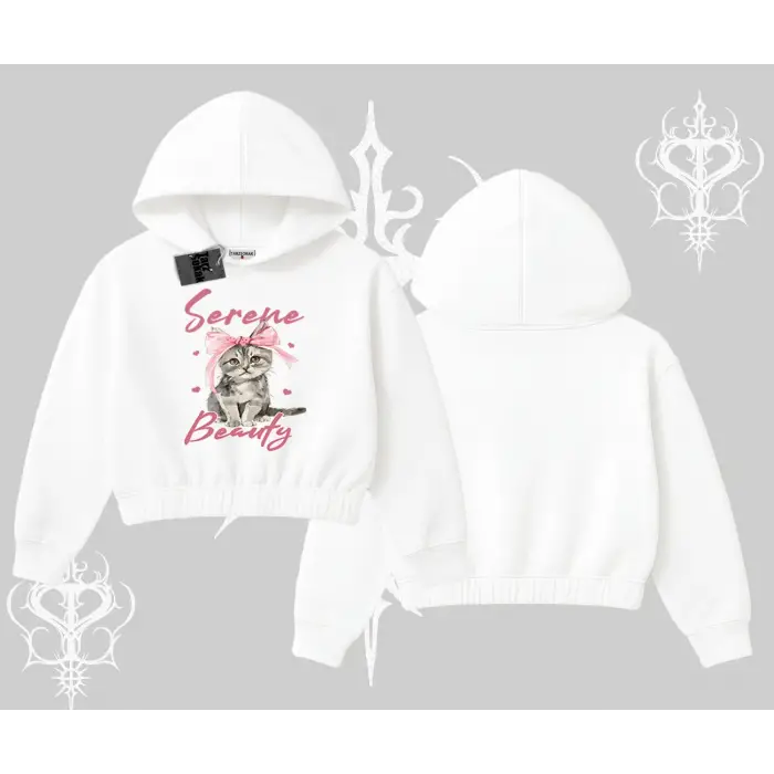 Serene Beauty Kedi Baskılı  Kapşonlu Crop Sweatshirt