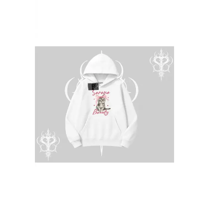 Serene Beauty Kedi Baskılı Kapşonlu Sweatshirt