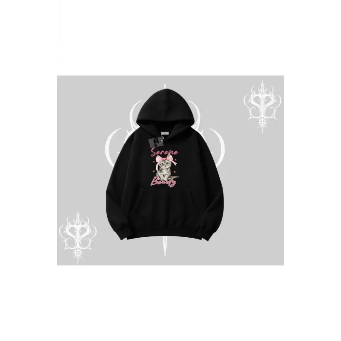 Serene Beauty Kedi Baskılı Kapşonlu Sweatshirt