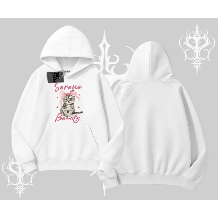 Serene Beauty Kedi Baskılı  Kapşonlu Sweatshirt