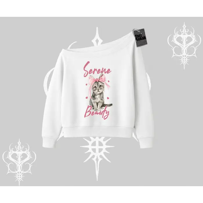 Serene Beauty Kedi Baskılı  Kayık Yaka Sweatshirt