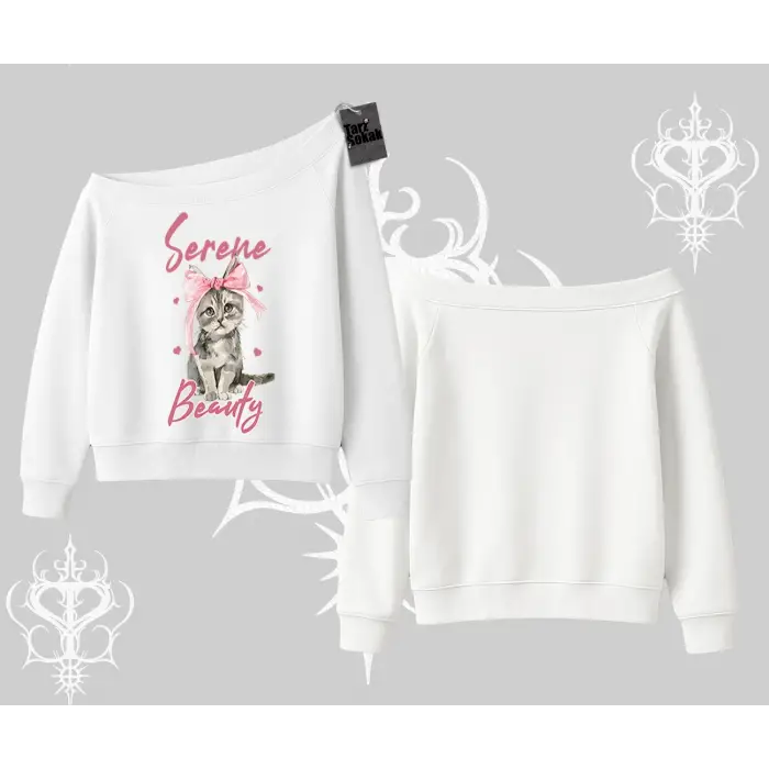 Serene Beauty Kedi Baskılı  Kayık Yaka Sweatshirt
