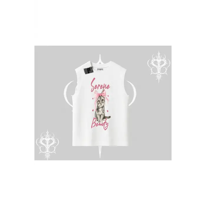 Serene Beauty Kedi Baskılı Kolsuz Tshirt