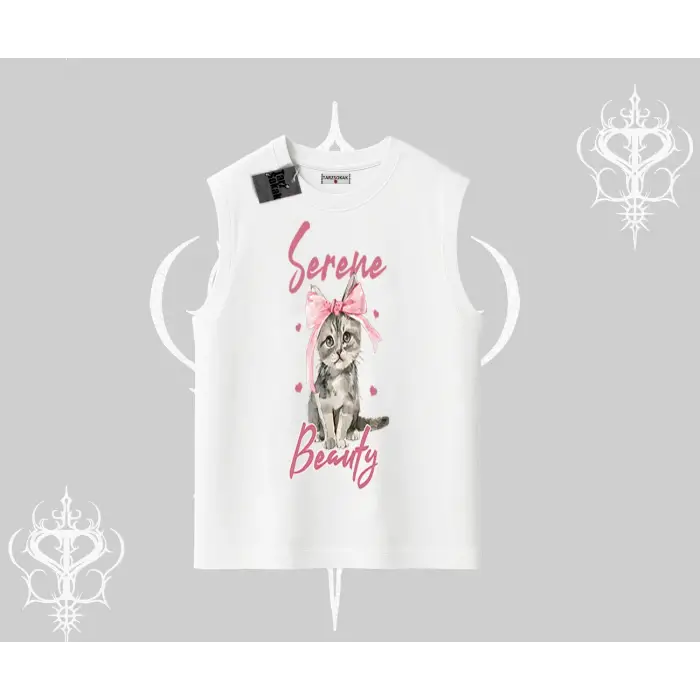 Serene Beauty Kedi Baskılı  Kolsuz Tshirt