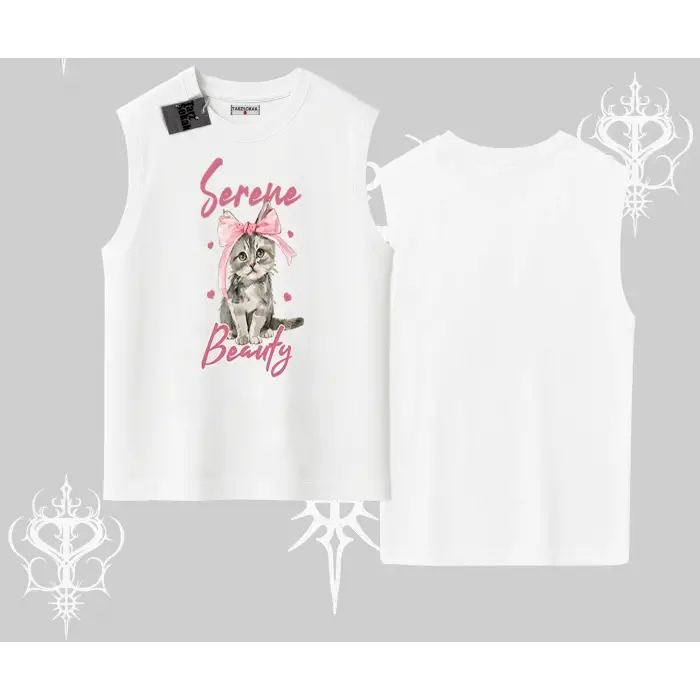 Serene Beauty Kedi Baskılı  Kolsuz Tshirt