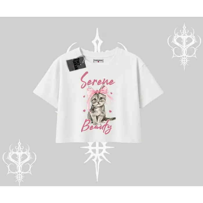 Serene Beauty Kedi Baskılı  Oversize Crop Tshirt