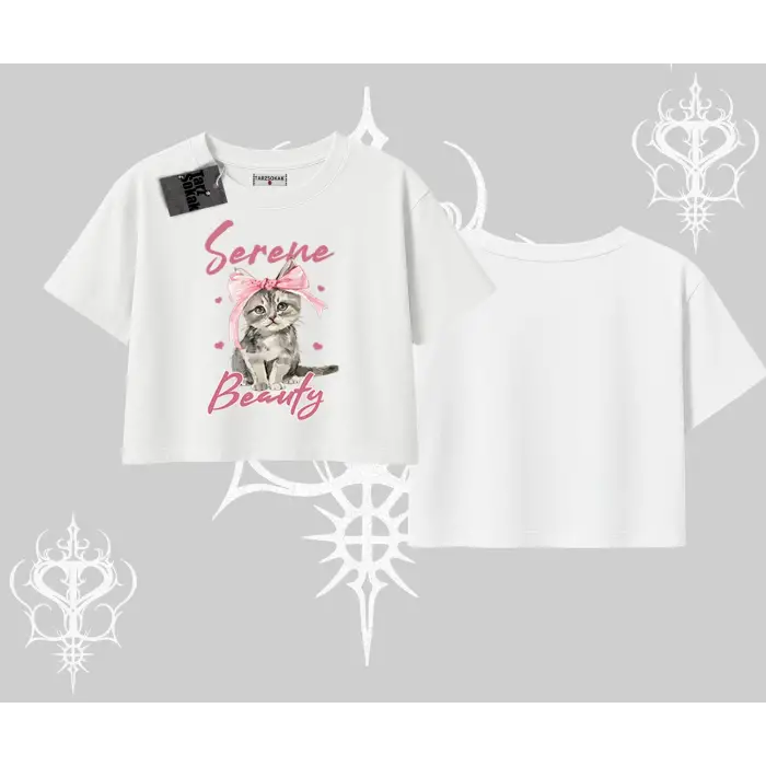 Serene Beauty Kedi Baskılı  Oversize Crop Tshirt