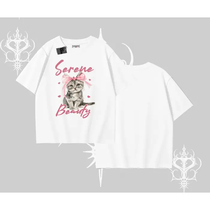 Serene Beauty Kedi Baskılı  Oversize Tshirt