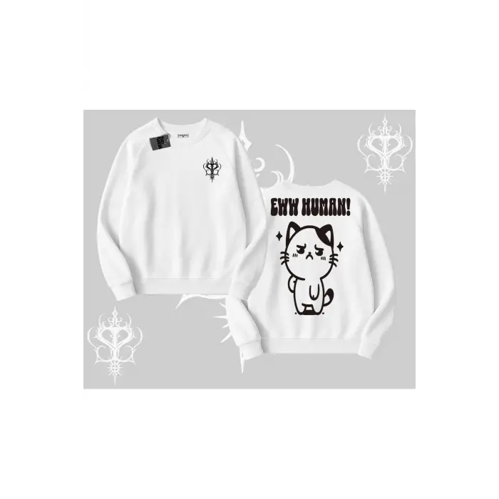 Sevimli Kedi Çizimli Arka Baskılı Biskilet Sweatshirt