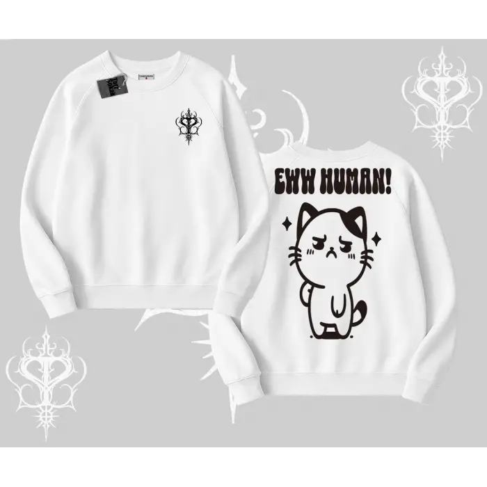 Sevimli Kedi Çizimli Arka Baskılı Biskilet Sweatshirt
