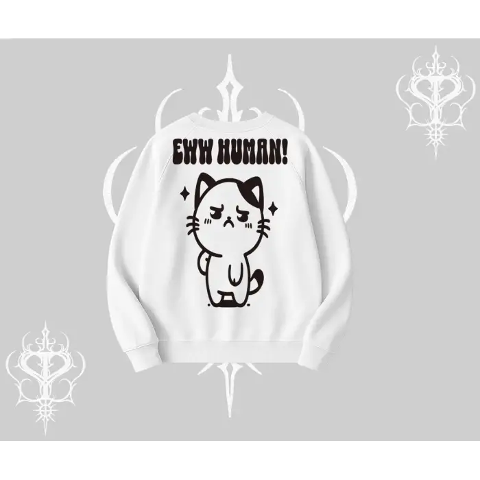 Sevimli Kedi Çizimli Arka Baskılı Biskilet Sweatshirt