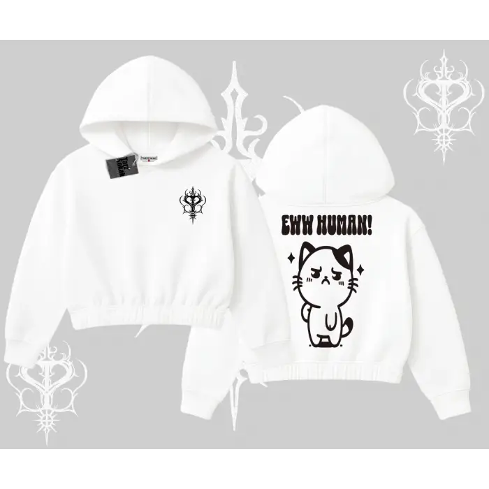 Sevimli Kedi Çizimli Arka Baskılı Kapşonlu Crop Sweatshirt