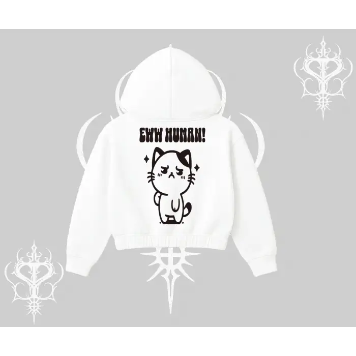 Sevimli Kedi Çizimli Arka Baskılı Kapşonlu Crop Sweatshirt