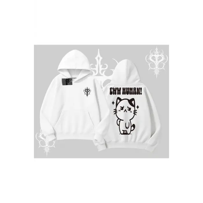 Sevimli Kedi Çizimli Arka Baskılı Kapşonlu Sweatshirt