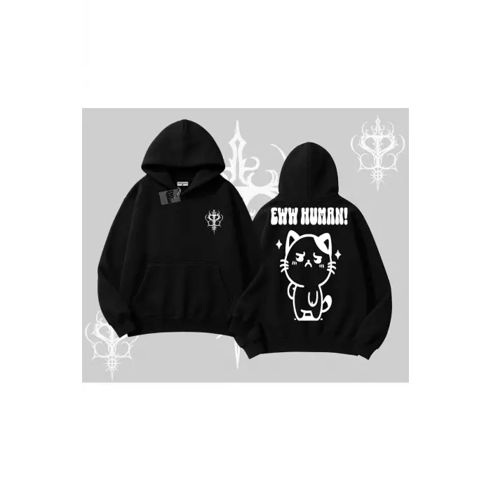 Sevimli Kedi Çizimli Arka Baskılı Kapşonlu Sweatshirt