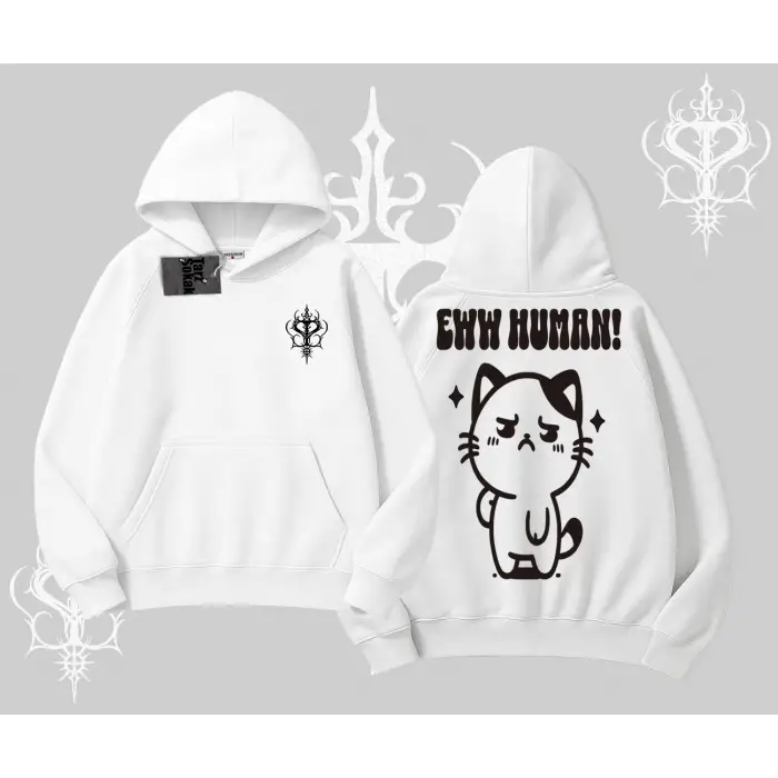 Sevimli Kedi Çizimli Arka Baskılı Kapşonlu Sweatshirt