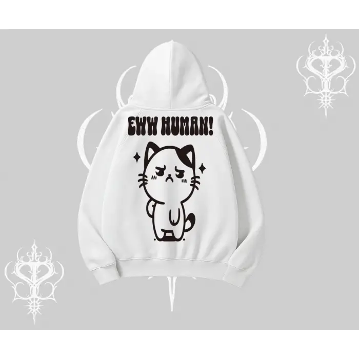 Sevimli Kedi Çizimli Arka Baskılı Kapşonlu Sweatshirt