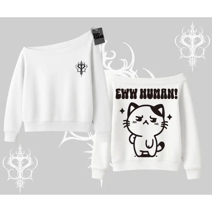 Sevimli Kedi Çizimli Arka Baskılı Kayık Yaka Sweatshirt