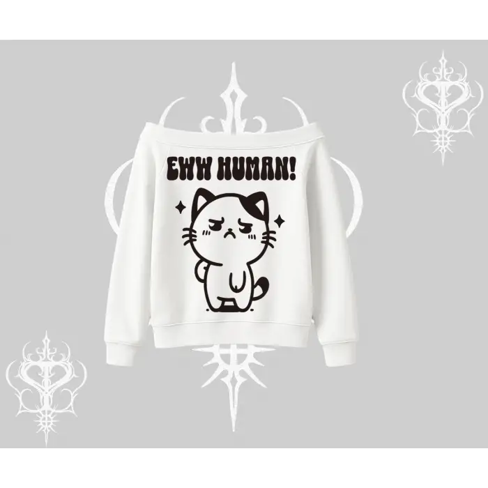 Sevimli Kedi Çizimli Arka Baskılı Kayık Yaka Sweatshirt