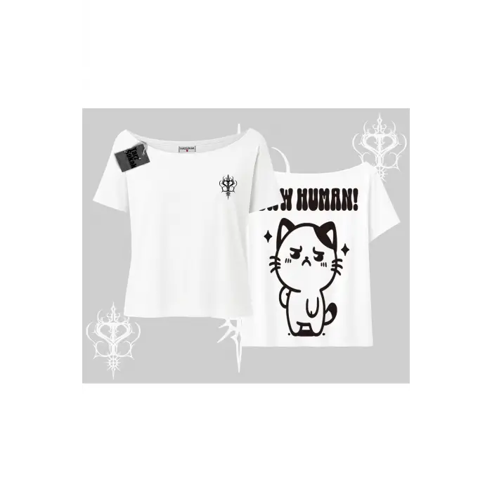 Sevimli Kedi Çizimli Arka Baskılı Kayık Yaka Tshirt
