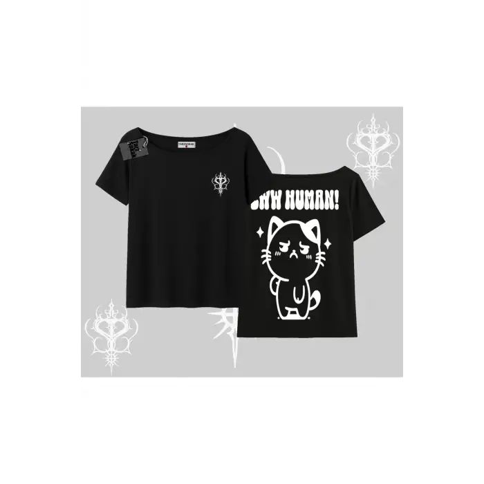Sevimli Kedi Çizimli Arka Baskılı Kayık Yaka Tshirt